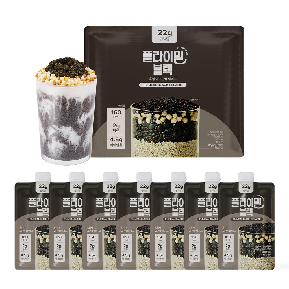 Flimeal Black Sesame protein shake with crunchy balls boosts post-workout satisfaction.