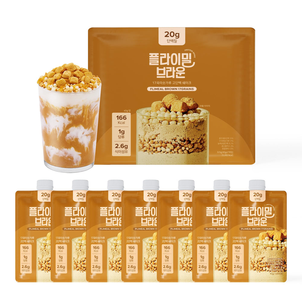 Flimeal Brown 17Grains bottle showing the protein shake for on-the-go energy.