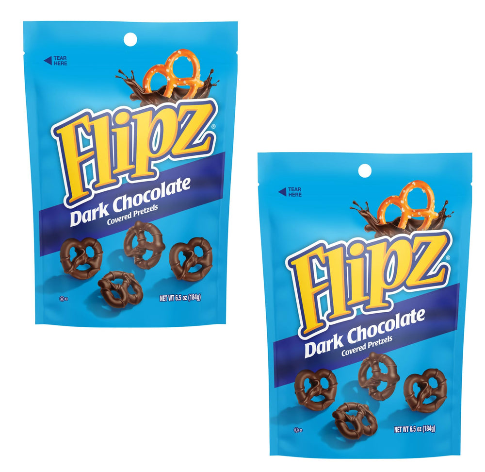 FLIPZ dark chocolate covered pretzels in a 2x6.5 oz pack for on-the-go snacking.