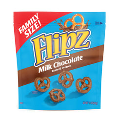 Flipz milk chocolate coating closeup highlights rich flavor and texture.