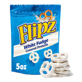 Flipz White Fudge Covered Pretzels bag close-up showcases sweet-salty flavor.