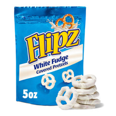 Flipz White Fudge Covered Pretzels bag close-up showcases sweet-salty flavor.