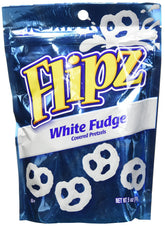 Flipz White Fudge Pretzels pack shot showing a convenient 5oz bag for on-the-go snacking.