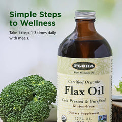Flora flax oil label highlights organic, non-GMO, gluten-free qualifications