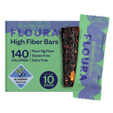 Floura Blueberry Matcha Bars pack shows vibrant fruit and seeds for a convenient high-fiber snack.