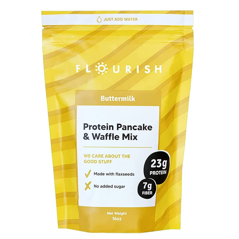 Flourish buttermilk pancake mix packaging signals a high-protein breakfast option.