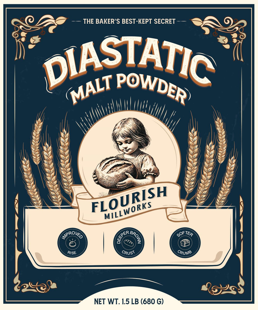 Flourish Millworks Diastatic Malt Powder bottle ready for baking, promotes even browning.