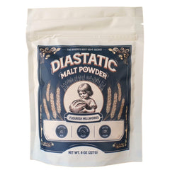 Flourish Millworks Diastatic Malt Powder packaging shows 8oz jar for premium baking.