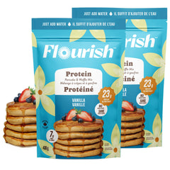 Flourish Protein Pancake Pour shows fast, high-protein breakfast prep.