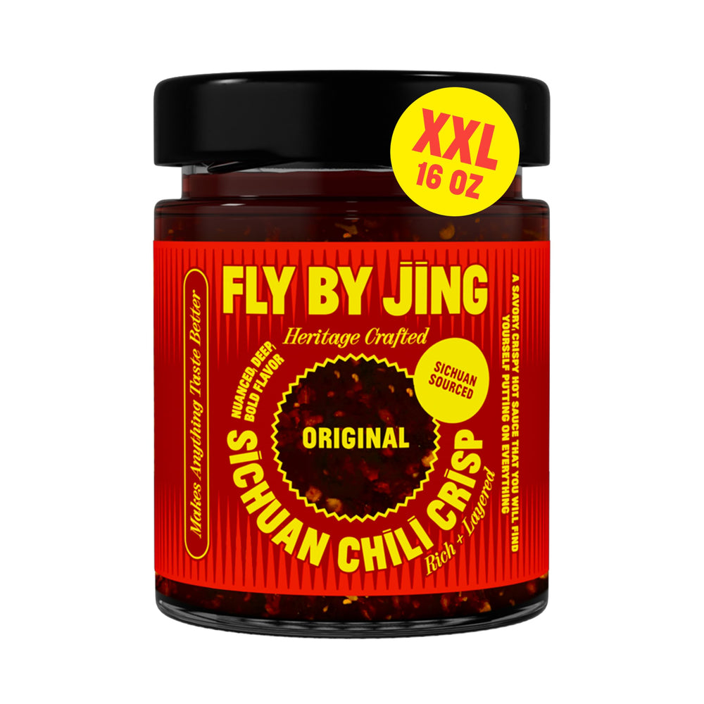 FLYBYJING XL Original Sichuan Chili Crisp jar showing bold texture for meal elevation