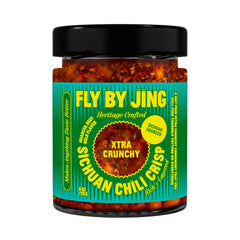 Flybyjing Xtra Crunchy Sichuan Chili Crisp bottle emphasizes bold, versatile flavor.