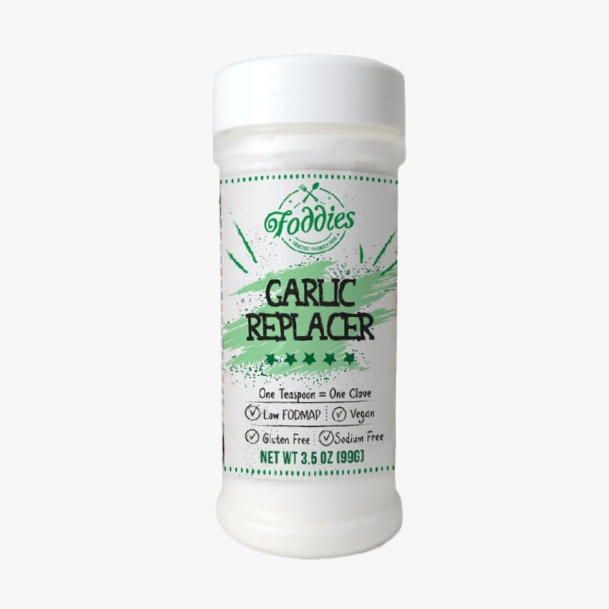 Foddies Garlic Replacer bottle front showing convenient, gut-friendly seasoning option