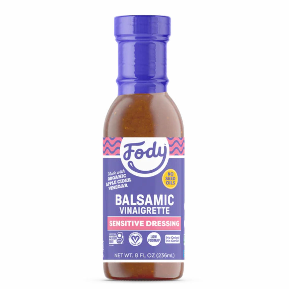 Fody Balsamic Vinaigrette bottle shows onion-free flavor for IBS-friendly salads