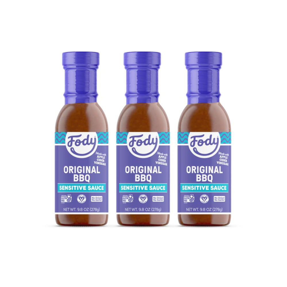Fody BBQ sauce bottle front view, gluten-free and onion-free.