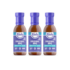 Fody BBQ sauce bottle front view, gluten-free and onion-free.