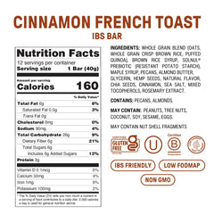 Fody Cinnamon French Toast bar label highlights gluten-free and lactose-free options.