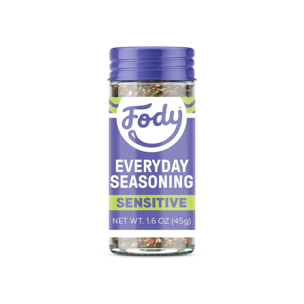 Fody Everyday Seasoning jar on a shelf highlights IBS-friendly herbs