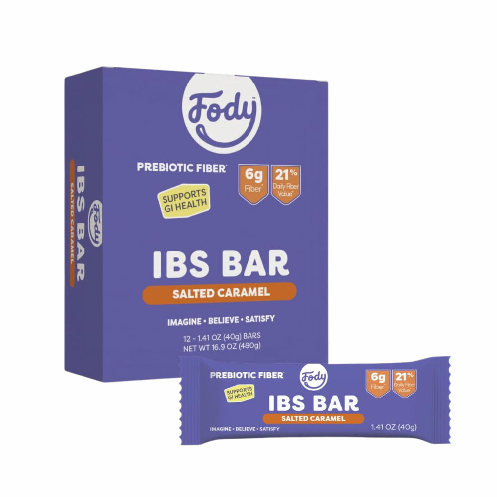 Fody Salted Caramel IBS Snack Bars pack on display for on-the-go, gut-friendly snacking
