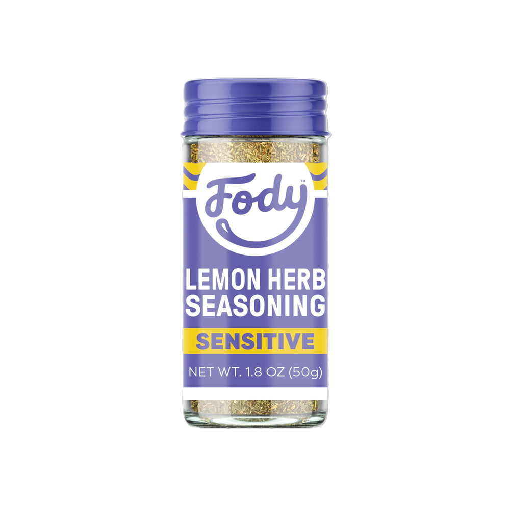 Fody Lemon Herb Seasoning jar front—vibrant herbs to brighten meals safely for sensitive diets.