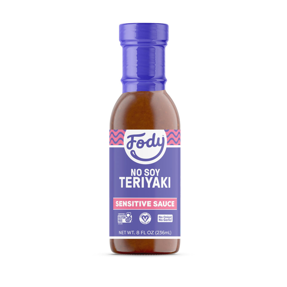 Fody No Soy Teriyaki bottle pour, IBS-friendly glaze ready for quick meals.