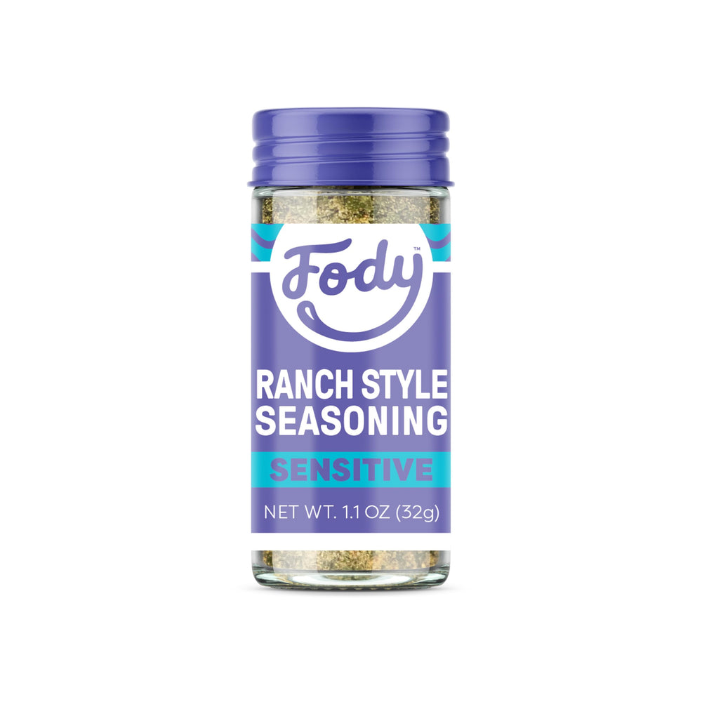 Fody Ranch Seasoning jar closeup with onion-free herbal blend for IBS-friendly flavor