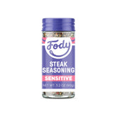 Fody Steak Seasoning bottle front, garlic and onion-free blend for grilling