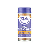 Fody taco seasoning bottle front shows low FODMAP, gut-friendly flavor for Tacos