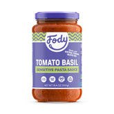 Fody Tomato Basil Pasta Sauce jar front with gluten-free and vegan badge