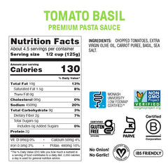 Fody Tomato Basil Pasta Sauce label close-up showing onion-free and garlic-free