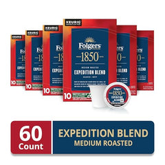 Folgers 1850 Expedition Blend 60-pod kit for easy Keurig brewing.