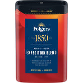 Folgers 1850 Expedition Blend canister packaging highlighting recyclable paper-based design