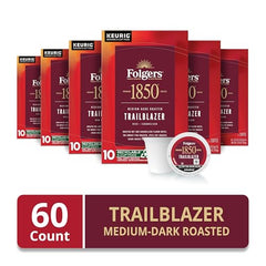 Folgers 1850 Trailblazer packaging sleeves highlight convenient single-serve coffee.