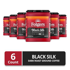 Close-up of AromaSeal lid on Folgers Black Silk canister emphasizes freshness for flavorful brews.