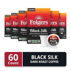 Folgers Black Silk K-Cup pods 60-count box ready for Keurig use.