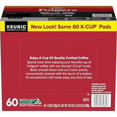 Close-up of Folgers Black Silk dark roast K-Cup in a cup.