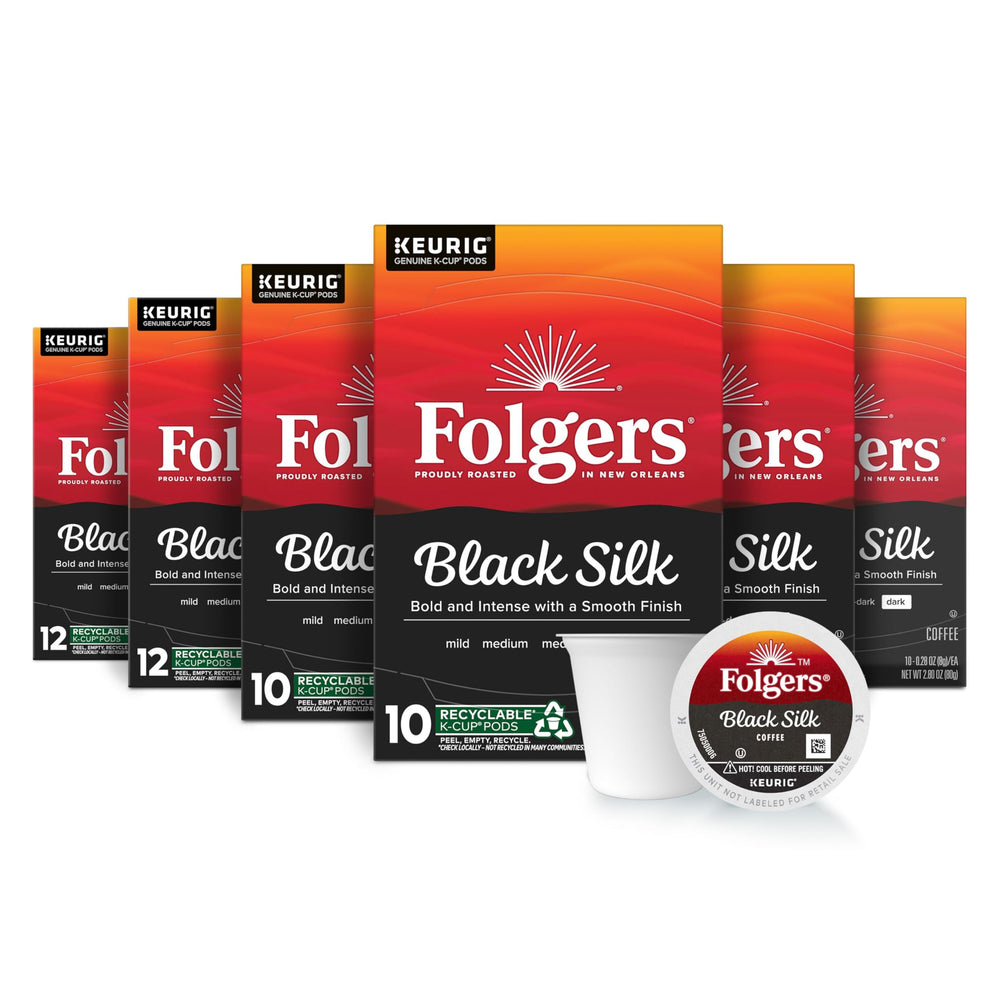 Folgers Black Silk K-Cup pods in six-box packaging for bulk convenience.