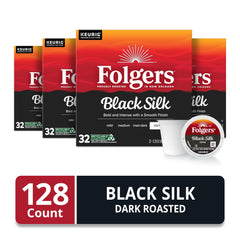 Folgers Black Silk coffee pod close-up highlighting bold, smooth flavor
