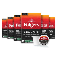 Folgers Black Silk K-Cup Pod box front signaling bold morning coffee.