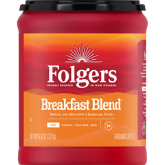 Folgers Breakfast Blend ground coffee canister delivers smooth mornings.