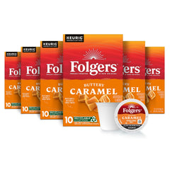Folgers Buttery Caramel K-Cup box on kitchen shelf ready for brewing.