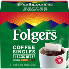 Folgers Classic Decaf box with 19 single-serve bags for easy caffeine-free mornings.