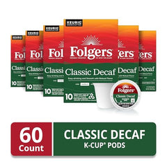 Folgers Classic Decaf K-Cup box side, six-pack packaging for home use.