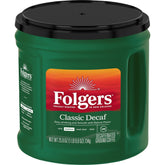 Folgers Classic Decaf ground coffee in a 25-9oz canister for fresh mornings