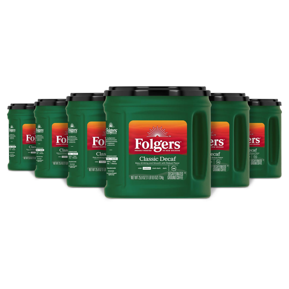 Folgers Classic Decaf ground coffee in AromaSeal pack keeps freshness for everyday mornings.