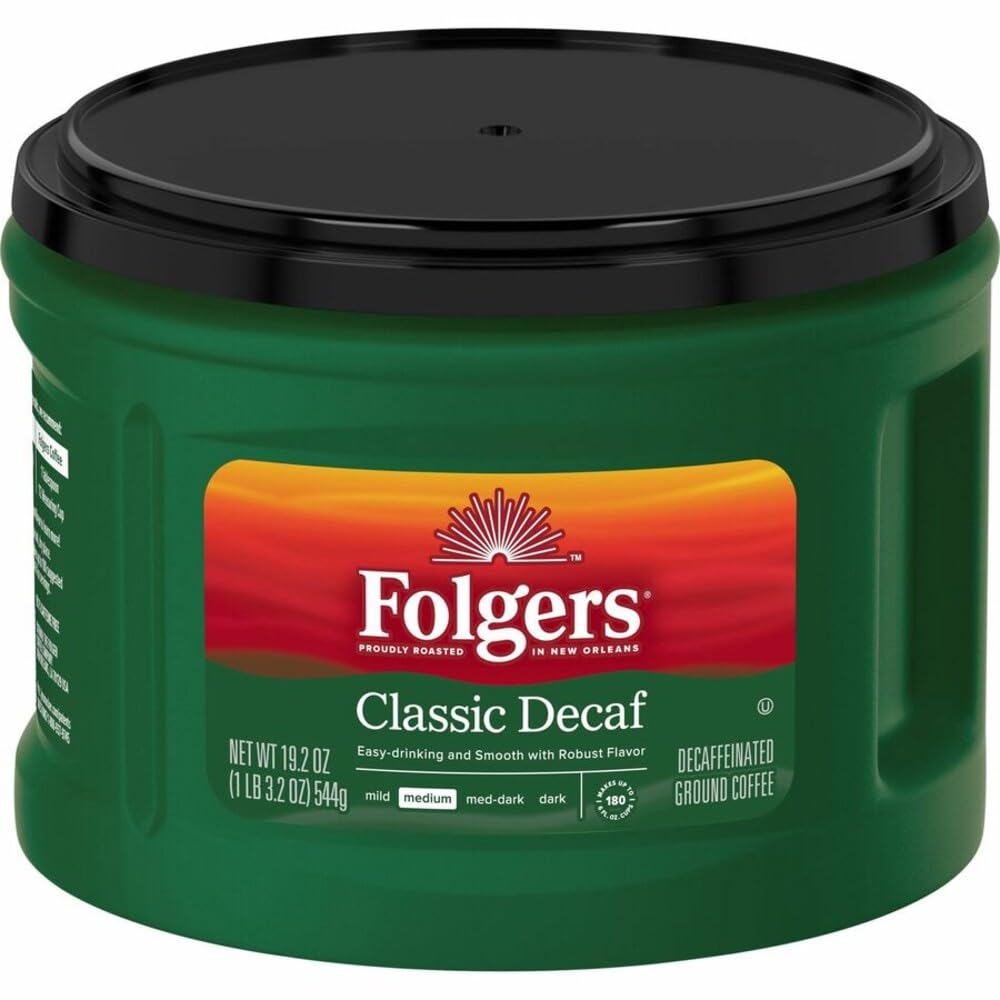 Folgers Classic Decaf ground coffee canister, smooth medium roast flavor for any time.