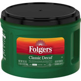 Folgers Classic Decaf ground coffee canister, smooth medium roast flavor for any time.
