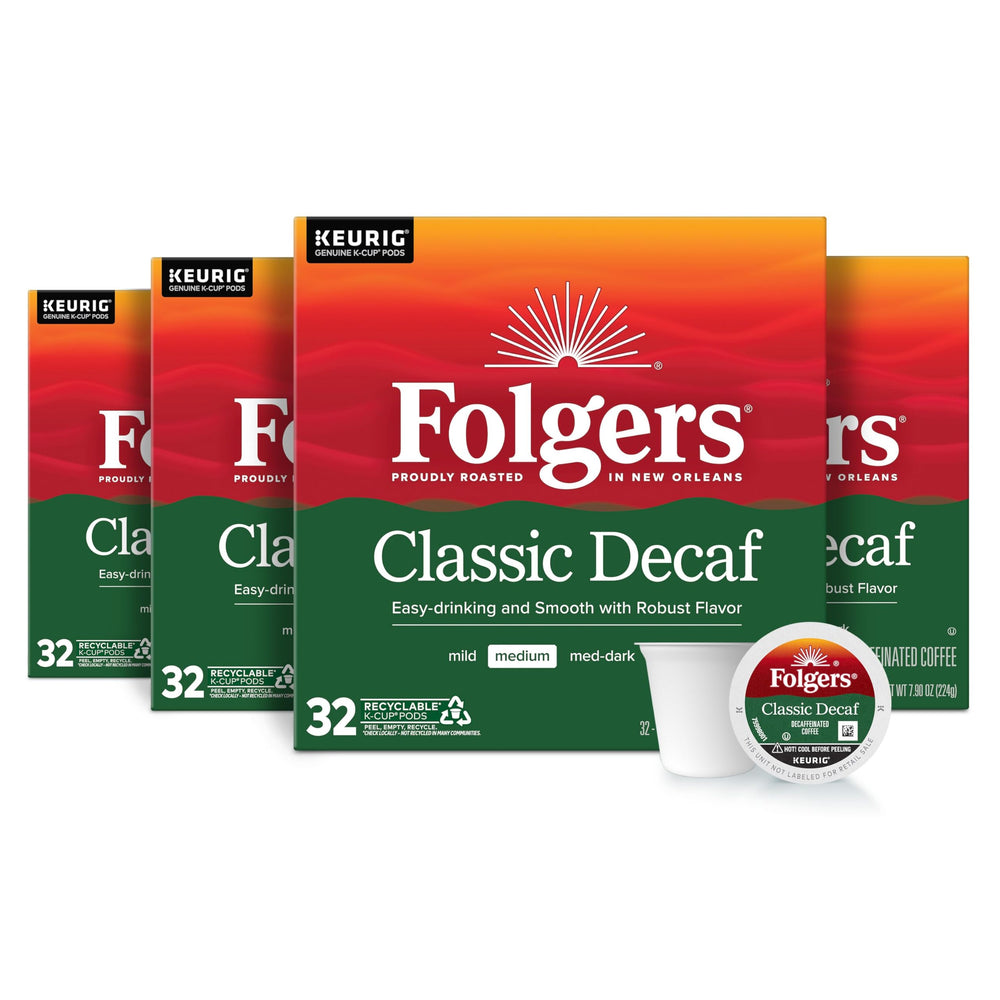 Folgers Classic Decaf K-Cups box ready for daily coffee.