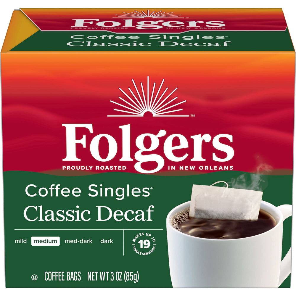 Folgers Classic Decaf single-serve box for easy morning brew.