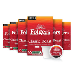 Folgers Classic Roast box with Keurig pods, ready for quick mornings.