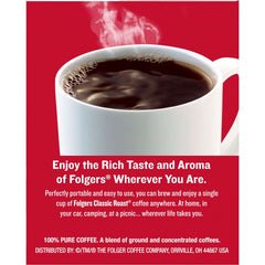 Folgers Classic Roast coffee singles in a mug, ready at home or work.